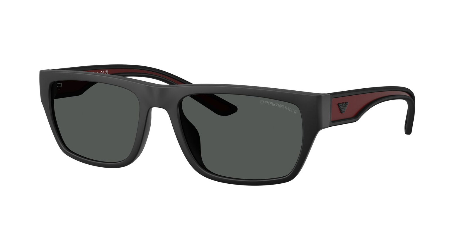 Das Bild zeigt die Emporio Armani Sonnenbrille EA4267U in mattschwarz gummiert leicht seitlich.